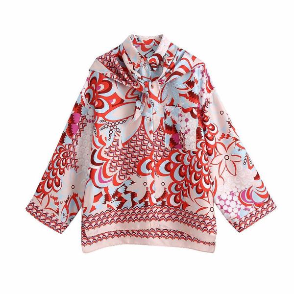 

women's blouses & shirts 2021 printed summer falling shoulder long sleeve blouse buttoned loose with scarf, White