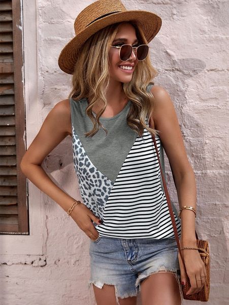 

leopard & striped print tank v6bc#, White