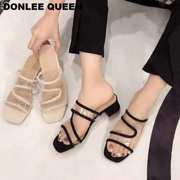 

slippers women thick med heel slides lady transparent clear flip flop slipper 2021 fashion jelly vacation shoes, Black