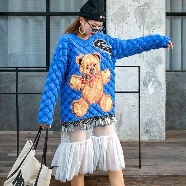 

sweaters net red women's pullover loose fish scale pattern cartoon jacquard lazy wind mesh stitching outer wear sweater, White;black