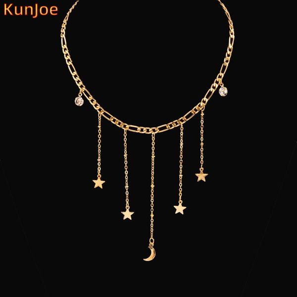

chains kunjoe fashion rhinestone necklaces & pendants vintage moon star choker necklace for women gold color chain summer party jewelry, Silver