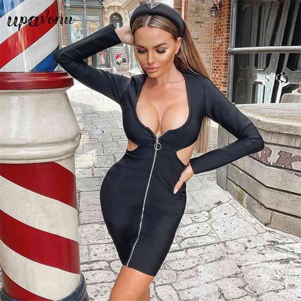 

front zipper bandage dress women's v-neck long sleeve hollow bodycon club party mini vestidos 210524, Black;gray