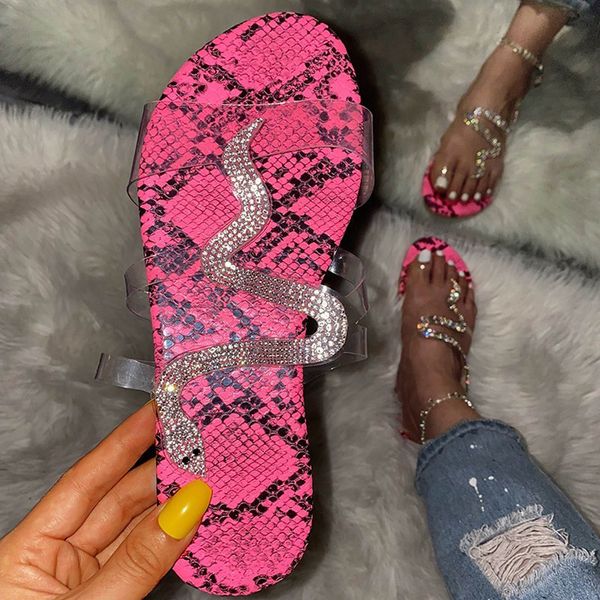 

women summer transparent flat snake sandals slippers with rhinestones fashion open-toe flat slippers casual flip flops sandalias, Black