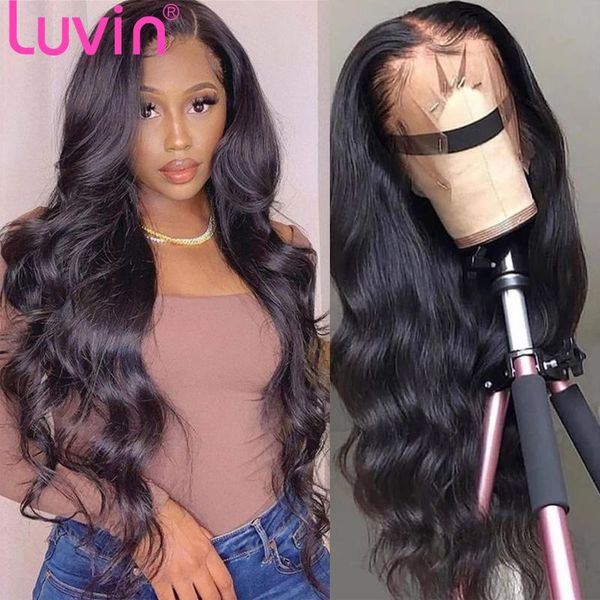 

luvin 30 34inch hd transparent lace front human hair wigs preplucked 13x6 brazilian body wave frontal wig 4x4 closure, Black;brown