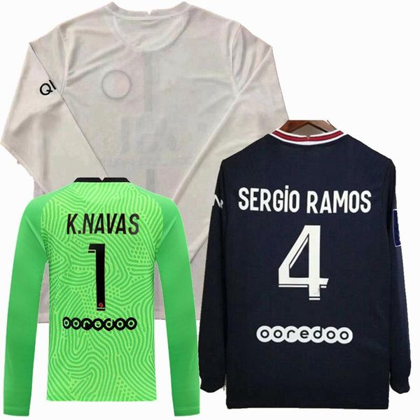 

long sleeve k.navas soccer jersey 2021 2022 sergio ramos mbappe sarabia icardi kimpembe di maria marquinhos hakimi wijnaldum verratti donnar, Black;yellow