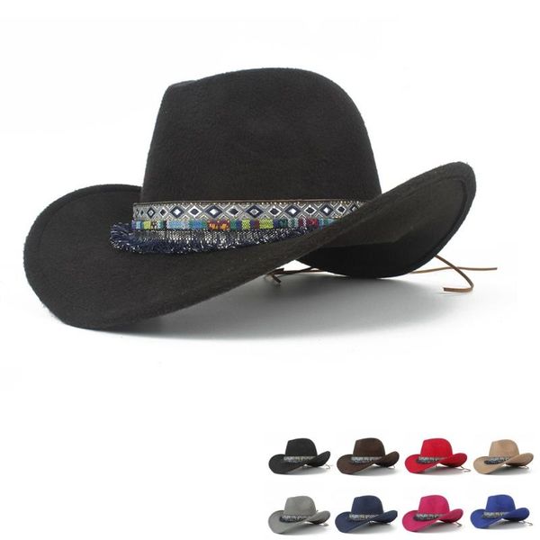 

women wool hollow western cowboy hat roll-up brim elegant lady outblack sombrero hombre jazz cap size 56-58 wide hats, Blue;gray