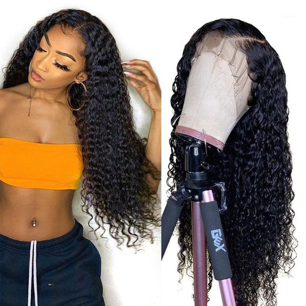

deep wave t part lace front wigs 150 density curly human hair pre plucked for women1, Black;brown