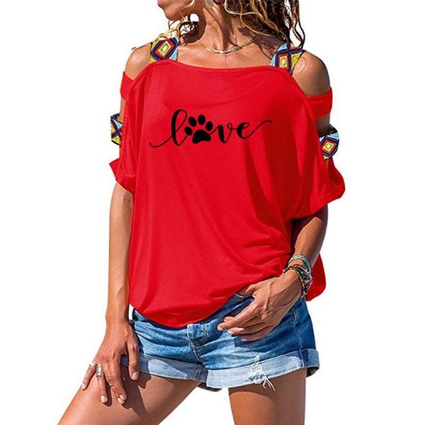 

women's t-shirt 2021 summer love dog footprints print fashion women cotton short sleeve t shirt hollow out shoulder tee, White
