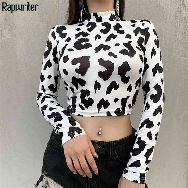 

skinny tie dye women t shirt harajuku slim milk cow print stand collar long sleeve crop tee fashion clothes rapwriter 210330, White