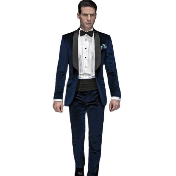 

slim fits navy velvet groom tuxedos shawl collar men's evening dress toast suits blazers coat trousers(jacket+pants+tie) w:543 &, White;black