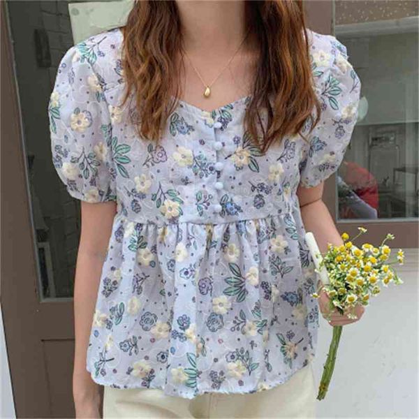 

women's two piece pants printing 2021 high waist elegance puff sleeves office lady streetwear florals slim blouses chic shirts top, White
