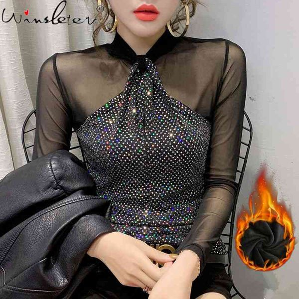 

women's t-shirt fall winter european clothes t-shirt mesh patchwork shiny women ropa mujer bright gold with fleece tees, White