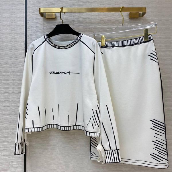

ladies skirt 2 piece set women stripes print graffiti pattern white pullover sweatshirt with midi skirt suit casual outfit