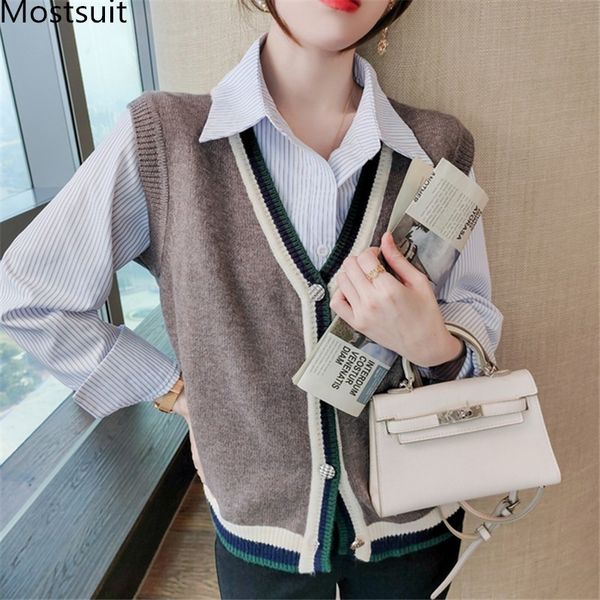 

color-blocked plaid cardigan vest women sleeveless v-neck single-breasted sweater korean vintage female jumpers 210514, Black;white