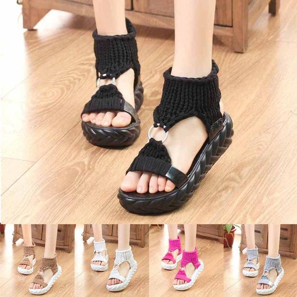

sandals knitted elastic summer shoes women fashion mesh open toe flat sweet hollow slip-on female platform, Black