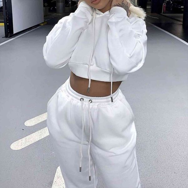 

casual 2 piece outfits fashion womens pants sweat suits autumn and winter crop hoodie jogger sets, White