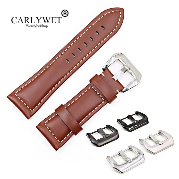 

watch bands carlywet 22 24 26mm brown smooth real leather handmade thick replacement wrist band strap belt with pre-v screw buckle, Black;brown