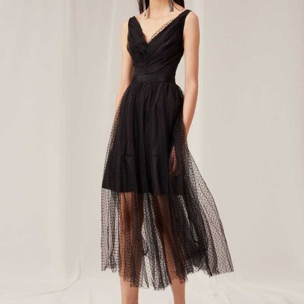 

black sleeveless gauze a-line dress women elegant slim waist v-neck vestidos polka dot korean fashion femme robe 13a189 210525, Black;gray