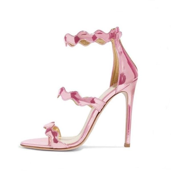 

waved straps patent leather sandals zipper stiletto high heels banquet dress pumps multi choices open toe heeled ladies shoes, Black