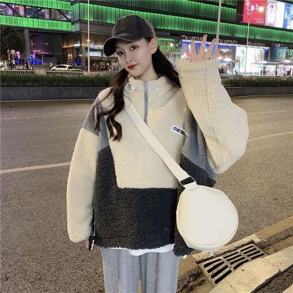 

women's hoodies & sweatshirts lamb sweater winter loose contrast thickened collar coat., Black