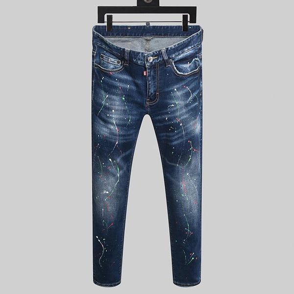 

men's jeans trend men slim fit motorcycle pleated casual biker male pants broken holes straighthip hop trouser for, Blue