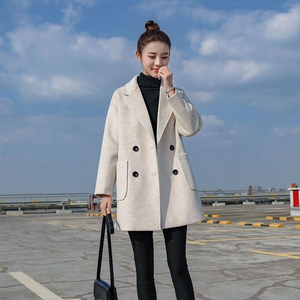 

women's wool & blends 2021 women jackets winter causal loose elegant black outwear long sleeve double breasted fashion blend warm coat