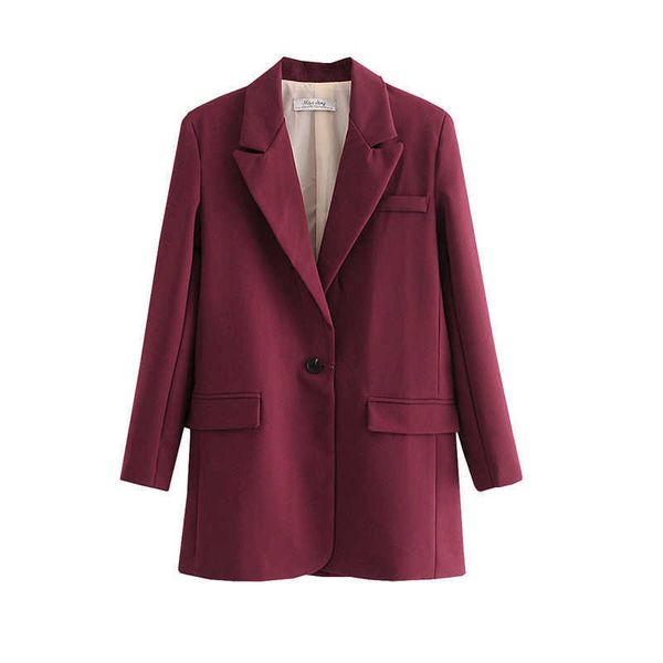 

ladies mid-length jacket fall women's loose maroon blazer casual long sleeve feminine suit office 210527, White;black