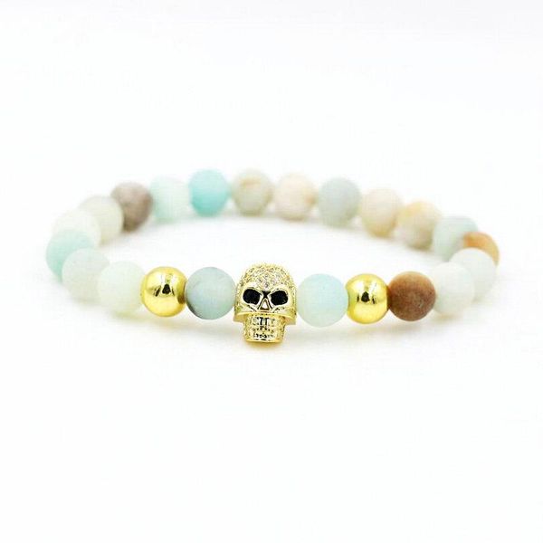 

beaded, strands bppccr amazonite stone lucky love wish micro zircon skull bracelet for men women couples pulseira masculino lovers jewelry g, Black