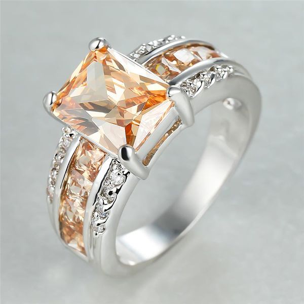 

wedding rings dainty female champagne crystal stone ring charm silver color thin engagement cute bridal square for women, Slivery;golden
