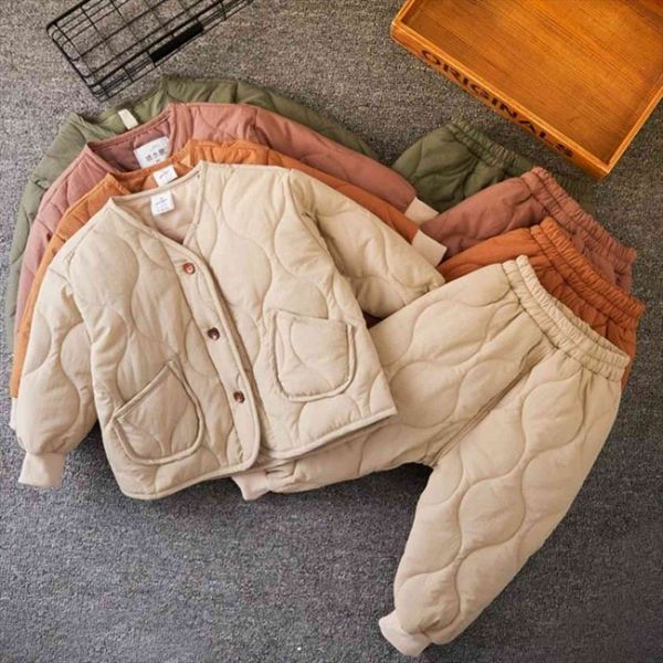 

kids warm clothes cotton padded jacket for children winter baby boy suit girls clothing set coat and pants, 5701, White