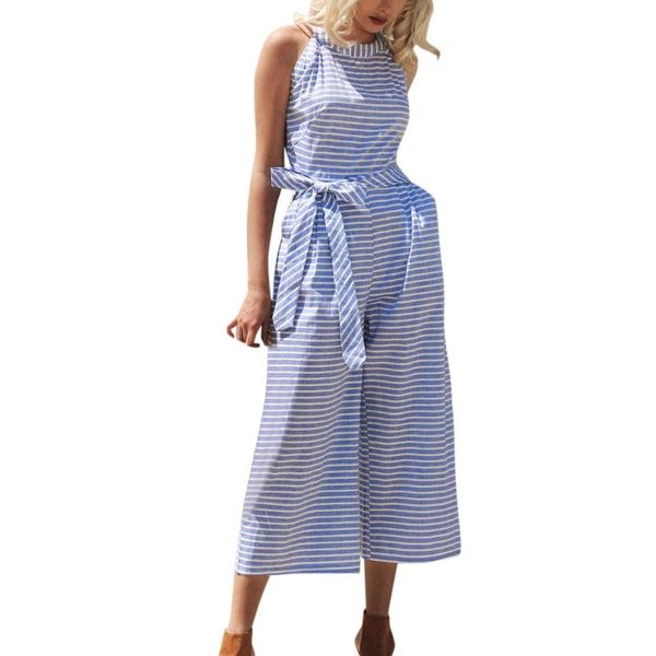 

women's jumpsuits & rompers women sleeveless striped jumpsuit casual clubwear wide leg pants outfit, Black;white