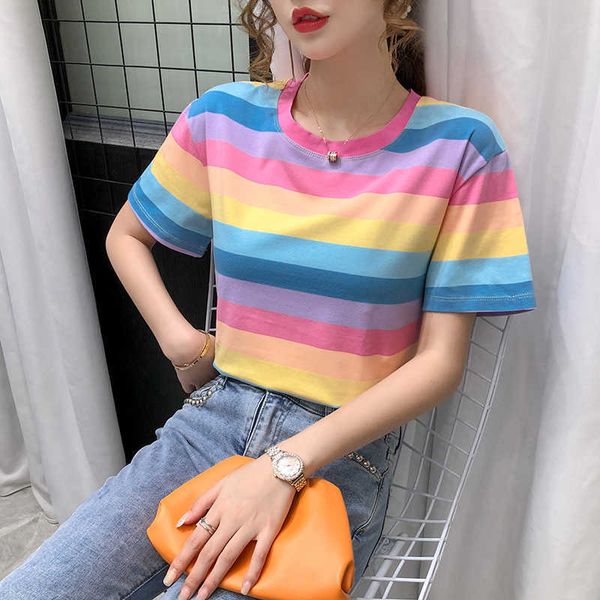 Verhellen Moda Gökkuşağı T-shirt Kadın Yaz Kore Harajuku Kısa Kollu Mavi Çizgili Tees Streetwear Kadınlar Tops 210706