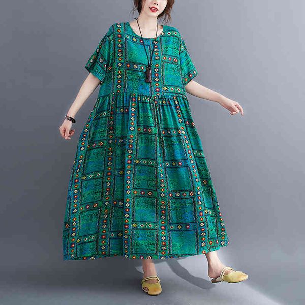 

johnature summer fashion print o-neck pockets women plus size dresses loose comfortable patchwork short sleeve dress 210521, Black;gray