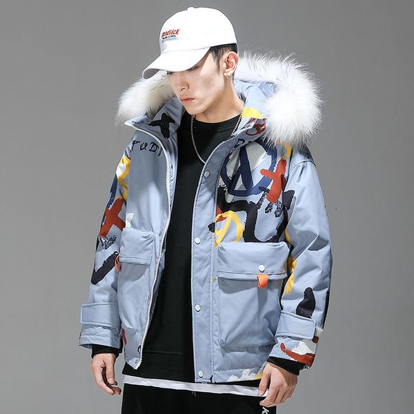 

hipster winter down jacket men cartoon little devil print hooded thick windbreaker oversize harajuku couples coat outwear, Black