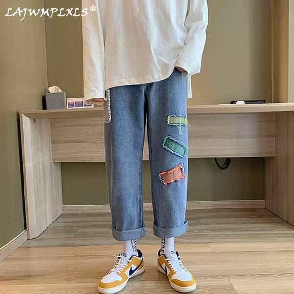 

men's jeans spring autumn 2021 patch decorate straight pants cargo pocket casual blue male biker denim baggy trousers