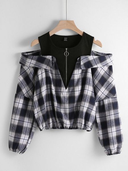 

plaid o-ring zipper cold shoulder blouse k8zy#, White