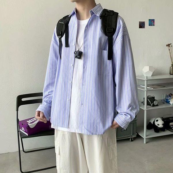 

men's casual shirts spring autumn striped long sleeve shirt fashion blue men korean style loose social mens dress -2xl, White;black