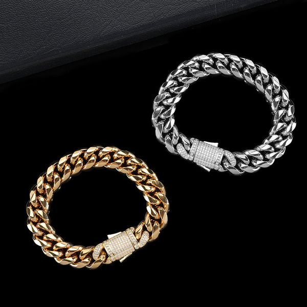 

necklaces hip hop claw set 5a+ cubic zirconia bling iced out stainless steel round curb cuban link chain bracelets for men rapper jewelry, Silver