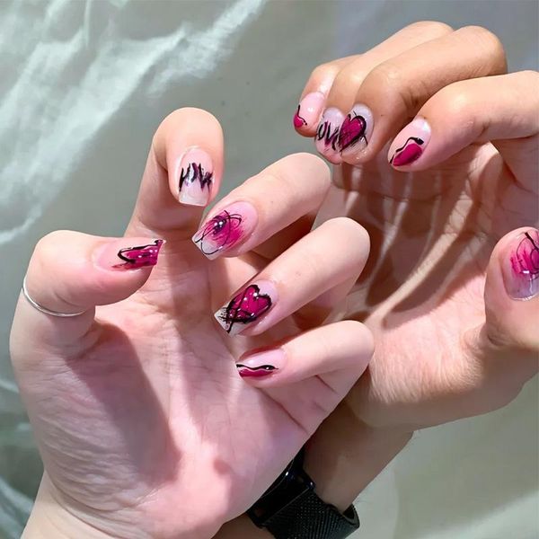 

false nails 24pcs black lines nail patch glue type removable mid length paragraph fashion manicure save time sana889, Red;gold