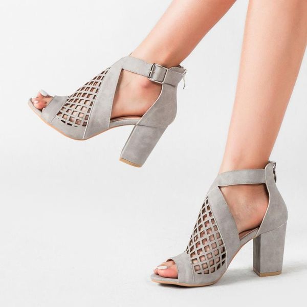 

dress shoes grid women's high heels sandals cut-out roman female outdoor casual square heel zip-back ladies, Black