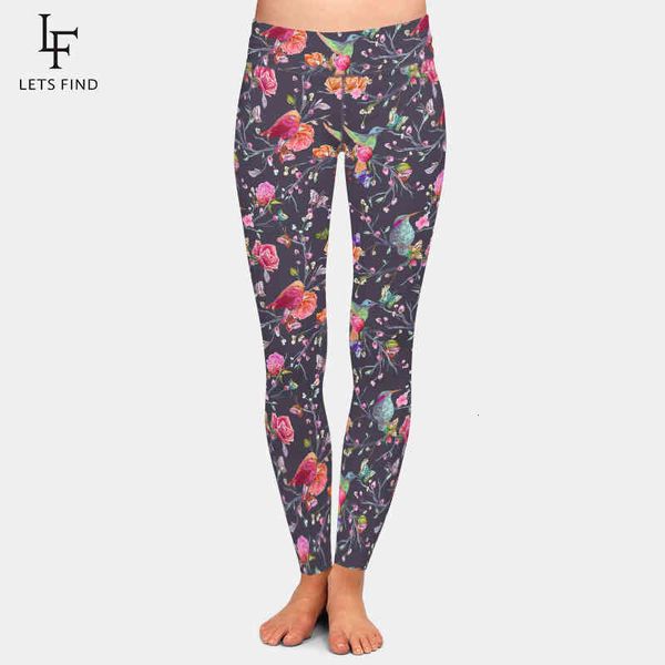 

legging letsfind flenders birds and flowers digital printing women high tail leggings elastic plus size soft fitness broek, Black