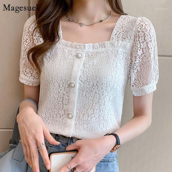 

women's blouses & shirts summer hollow out crochrt lace shirt women square collar short sleeve woman vintage fashion elegant ladies 14, White
