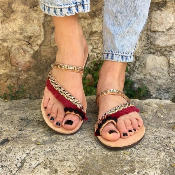 

women's flat slippers 2021 summer women retro casual beach open toe sandals rhinestone tassel footwear tenis feminino, Black