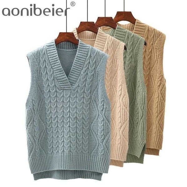 

twist pullover sweater vest women autumn loose v-neck waistcoat wool knitted winter sleeveless solid korean 210604, Black;white