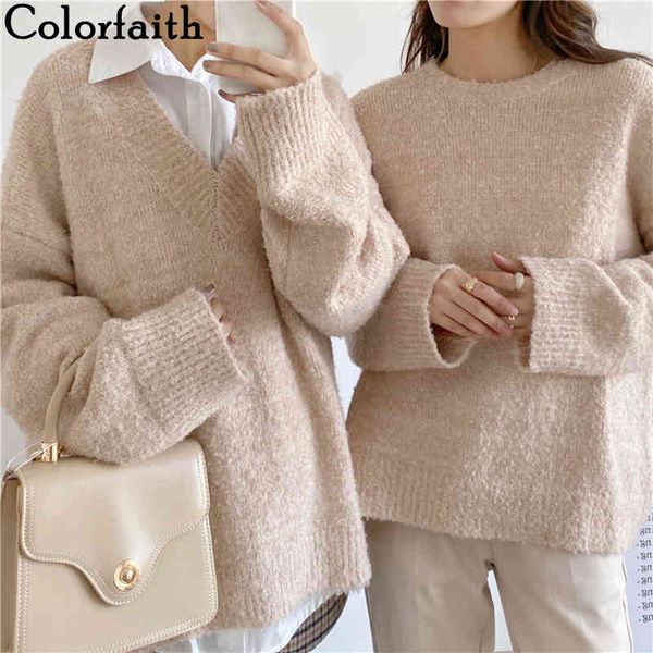 

colorfaith new autumn winter women sweater knitted 2 collars oversize wild warm female korean style pullovers sw260 210413, White;black