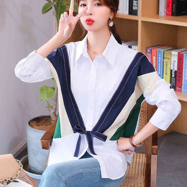 

white shirt women's korean-style autumn contrasting color long sleeve loose stitching women blouses 101b 210420