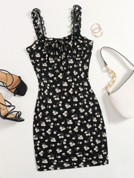 

frilled strap tie front ruched bust daisy floral dress d5zx#, Black;gray
