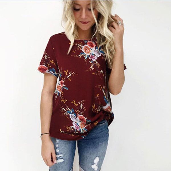 

6colors womens shirt women chiffon blouse summer ladies o neck short sleeve floral printed loose casual oversized blusas, White