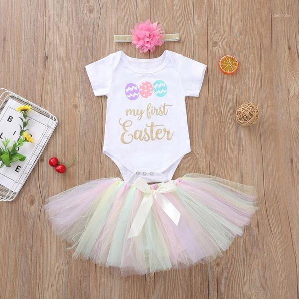 

clothing sets born baby girl clothes easter 3pcs letter printed bodysuit mesh tutu skirt set with headband for 6-24months1, White