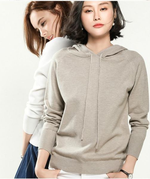 

spring autumn solid color knitted sweatshirts women fashion all match long sleeve lace-up hooded hoodies female casual women's &, Black